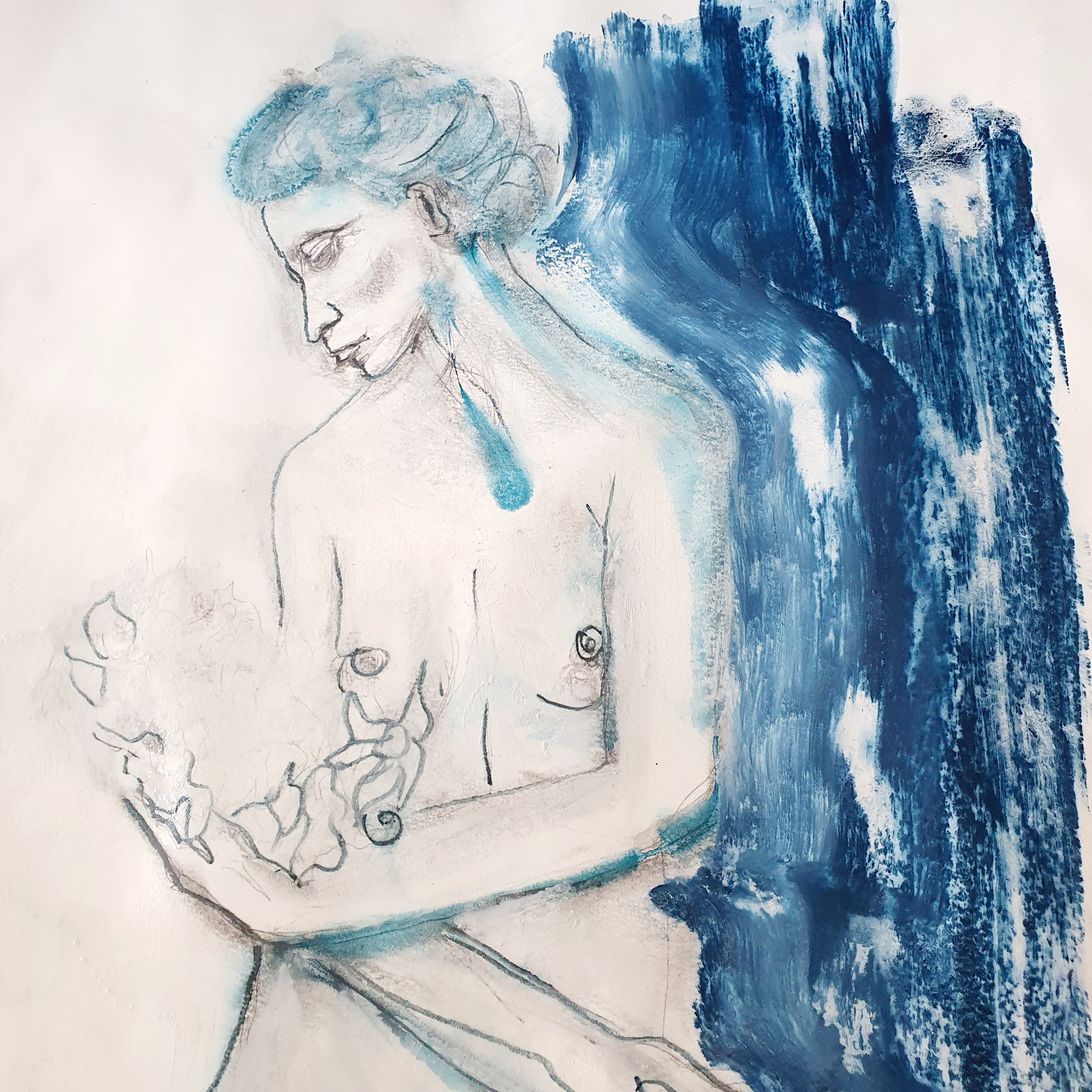 Dessin au trait buste bleu avec bouquet  cours de dessin 