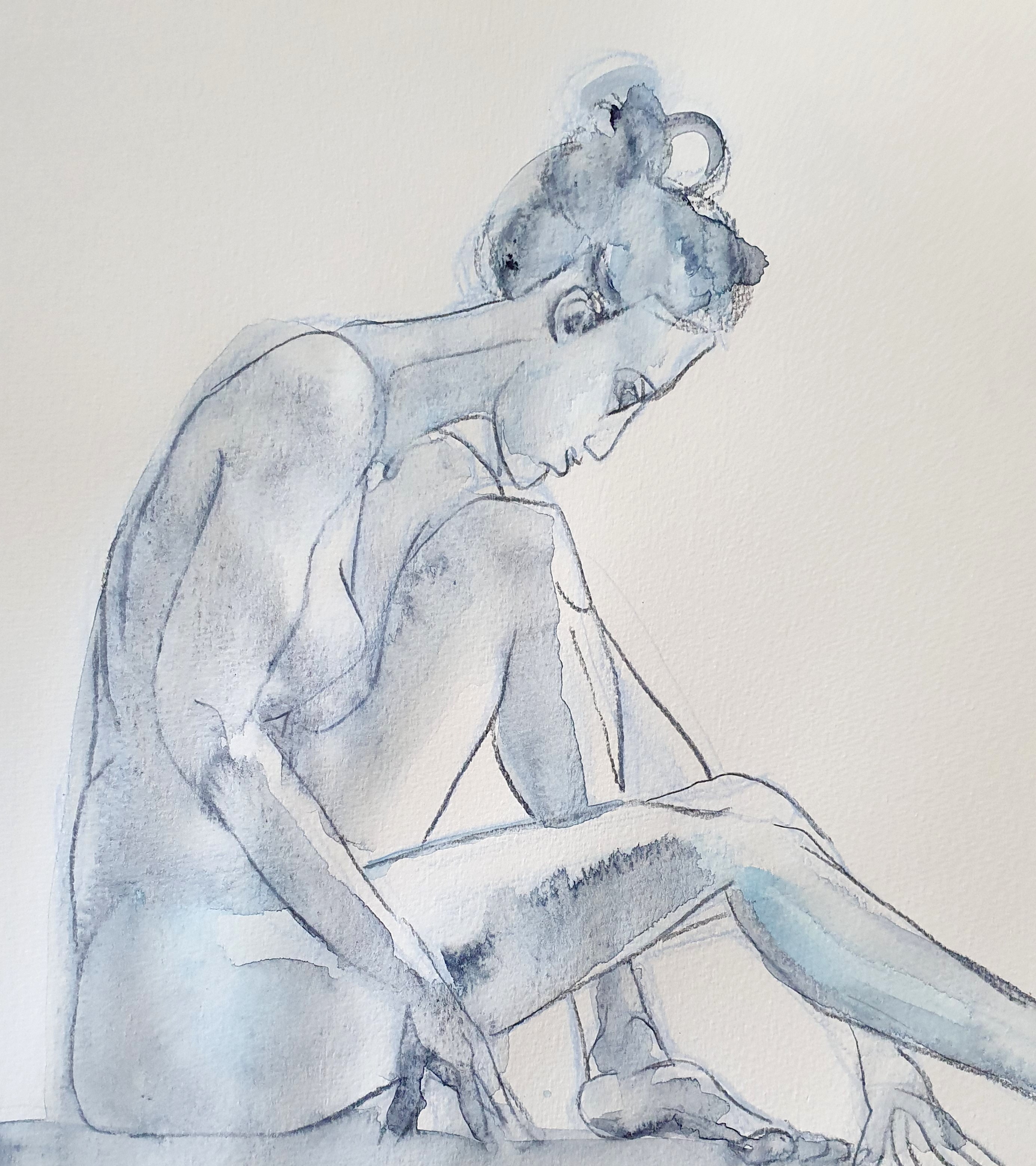  Profil femme assise bleu crayon de couleur aquarelle  cours de dessin 