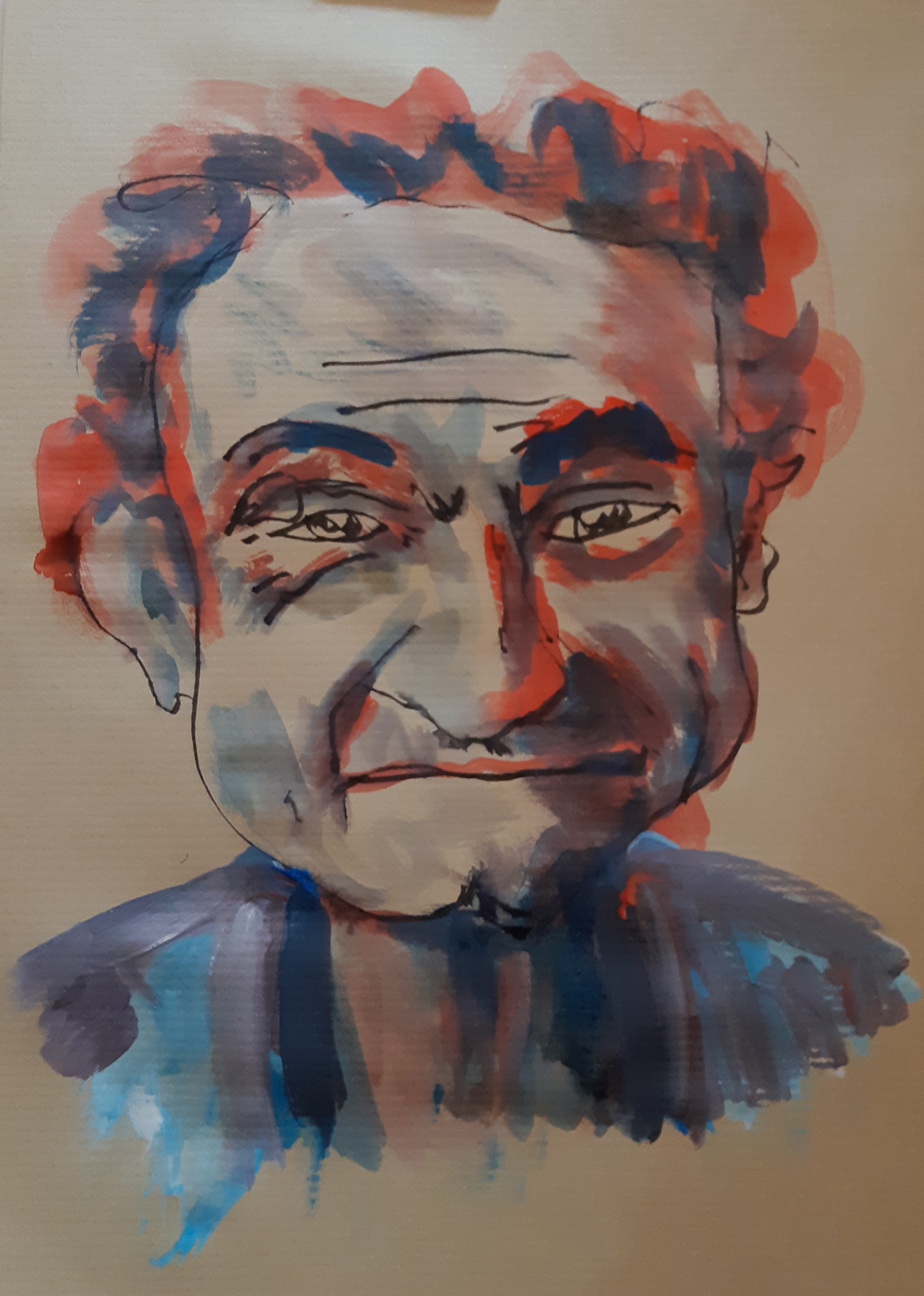  Portrait face bleue et rouge sur papier Kraft  cours de dessin 